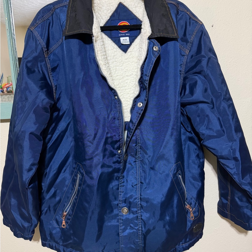 Vtg Dickies Nylon Chore Jacket Men's Med NavyBlue Full Zip Sherpa Lined Workwear